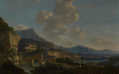 Follower of Nicolaes Berchem An Italian Landscape with Travelers Approaching a Bridge and the Ruins