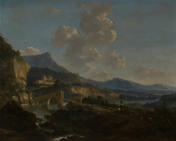 Follower of Nicolaes Berchem An Italian Landscape with Travelers Approaching a Bridge and the Ruins