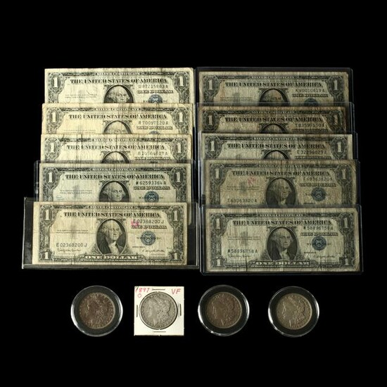 Four Circulated Morgan Silver Dollars and Ten $1 Silver