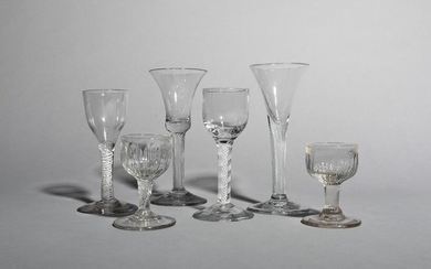 Four wine glasses c.1760-70, two with rounded funnel...
