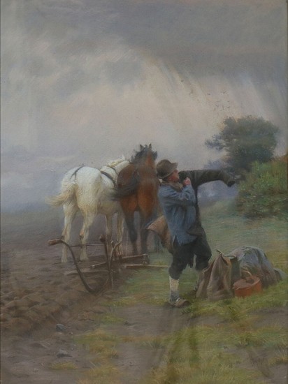Frants Henningsen: A rural landscape with a farmer. Signed with monogram 91. Pastel on paper. 62×46 cm. Frame size 75×68 cm.