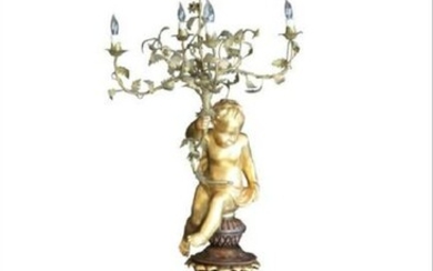 French Gesso Carved Cherub Lamp W/ Pedestal