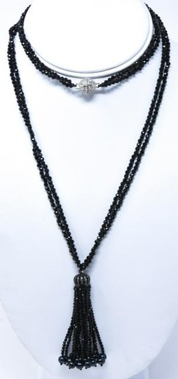 French Jet Flapper Style Necklace w Tassel Pendant