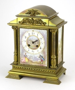 French brass mantel clock with enamelled panels, hand painte...