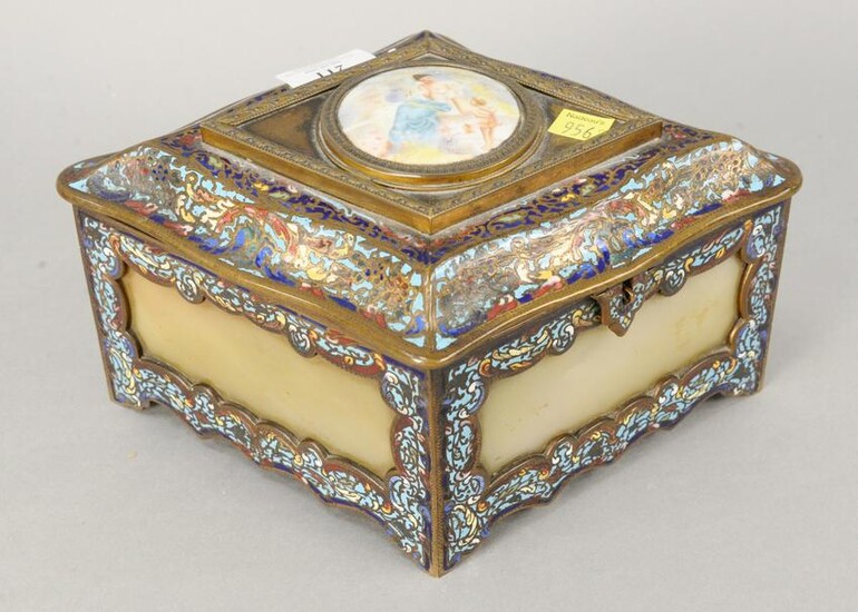 French champlevé and bronze box having porcelain plaque