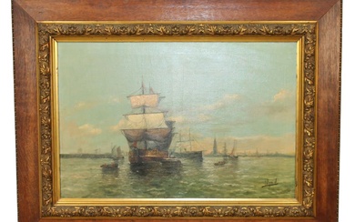 French oil on canvas painting Sailing Ships