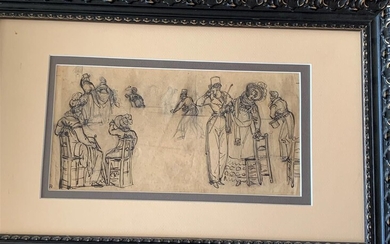 French school of the early 19th century Sketch of characters Pen and brown ink on black pencil line 14.5 x 29 cm (fake stamp on the bottom left)