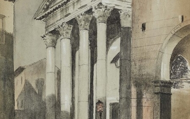 Friedrich Nerly (Nehrlich)1807 Erfurt - 1878 Venise Silhouette d'une femme devant le portail de l'église...