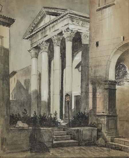 Friedrich Nerly (Nehrlich)1807 Erfurt - 1878 Venise Silhouette d'une femme devant le portail de l'église...