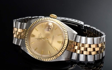 GG 750/stainless steel Rolex "Oyster Perpetual Datejust" men's wristwatch, chronometer, gold dial with line indices, date, magnifying glass, large seconds, Jubilée strap, sapphire crystal, Ref. 1601, serial number 702283, Cal. 1560, 85.6g, Ø 3.3cm...