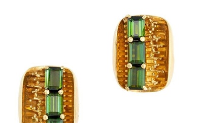 GUBELIN, A PAIR OF VINTAGE GREEN TOURMALINE CLIP EARRINGS in 18ct yellow gold, each set with three