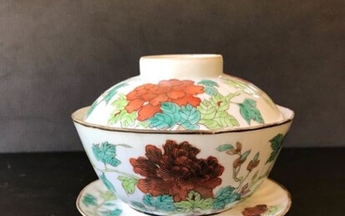 Gaiwan Rice set (3) - Famille rose - Porcelain - Flowers - Gaiwan Rice set Guangxu mark and periode- China - Guangxu (1875-1908)