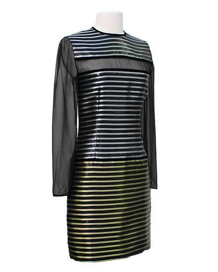 Galanos Black Dress with Metallic Stripe & Sheer Panels