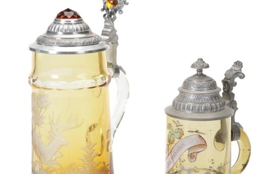 German Ludwigsthal Etched Deer and Bohemian Hand-Painted Blown Glass Steins