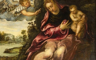 Giovanni Galizzi, Italian fl.1543-1565- Virgin and child with angel; oil on canvas, impressed stamp 'F. Leedham / Liner' (on the reverse of the stretcher), 76.8 x 84 cm. Provenance: Purchased Sotheby's, London, late 1940s as 'TINTORETTO', by the...