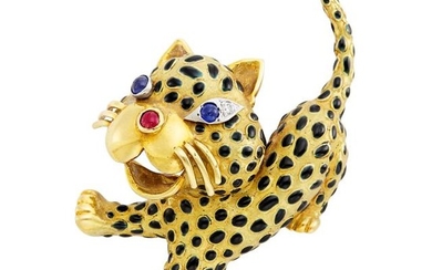 Gold, Enamel, Cabochon Sapphire and Ruby and Diamond Leopard Brooch