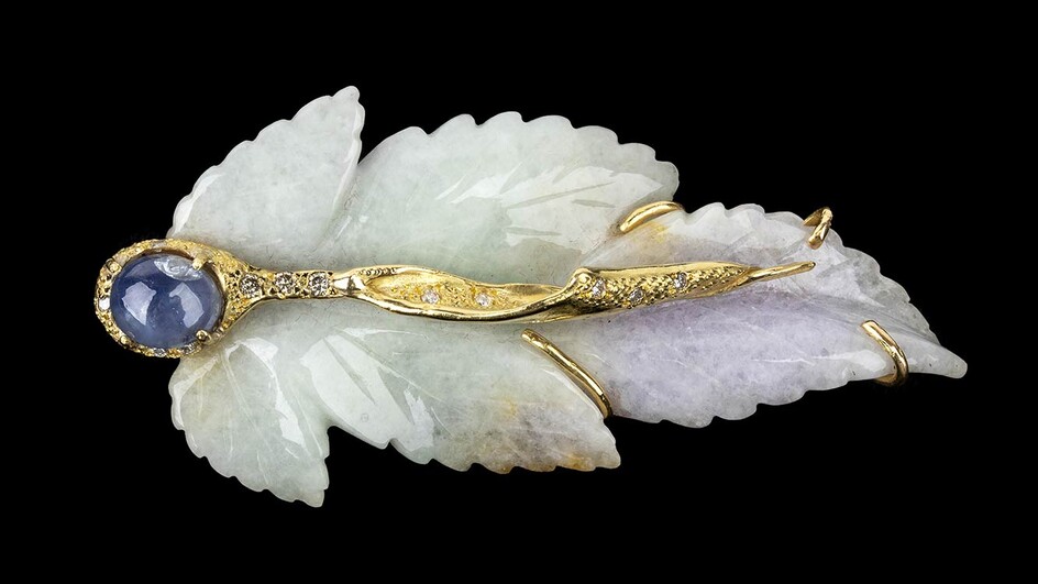 Gold, jadeite, blue asteria sapphire and diamonds pendant-brooch, mark of...