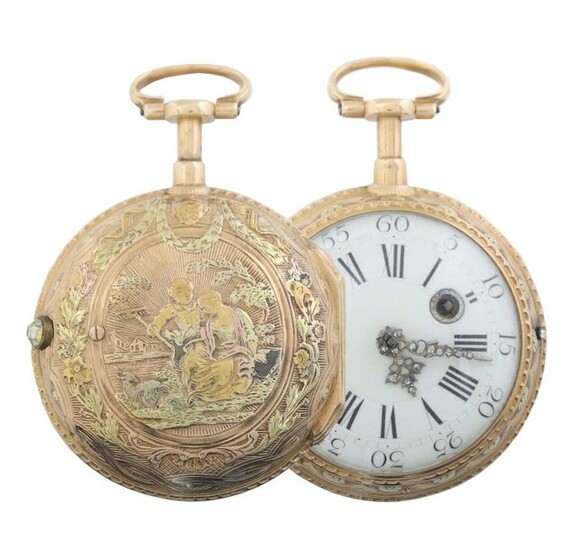Golden spindle pocket watch with quarter-hour-repeating Paris, Jean Romilly (Geneva 1714 - 1796 Paris), circa 1770, yellow gold, the case with ''à 3 couleurs''-decoration, depiction of a pair of farmers with goat in landscape, white enamel dial with...