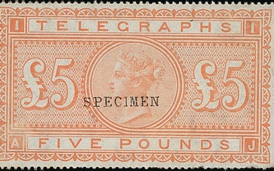 Great Britain Telegraph Stamps 1877 £5 orange, AJ, overprinted 'specimen' in black, part origin...