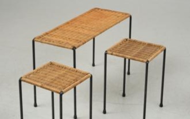 Großer Tisch und zwei kleine Tische, vgl. Modellnummern: 4348 und 4349, Firma Carl Auböck, Wien, um 1950/60