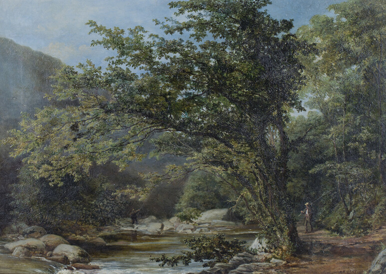 H. Barnard Gray - Anglers on a Riverbank, oil on canvas, signed and dated '57 recto, label vers