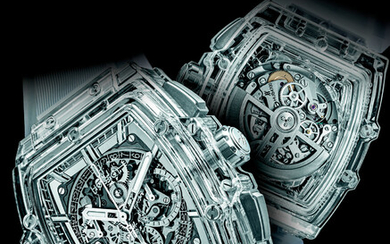 HUBLOT. A SAPPHIRE LIMITED EDITION AUTOMATIC TONNEAU SHAPED SKELETONISED CHRONOGRAPH WRISTWATCH WITH DATE