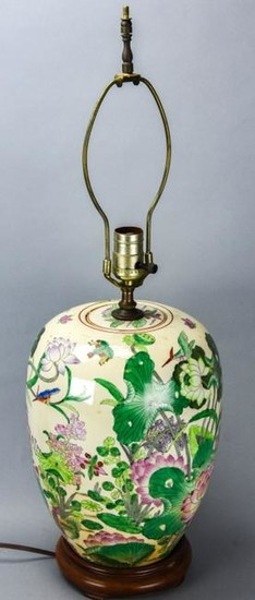 Hand Painted Ginger Jar Form Lamp w Lily Pads