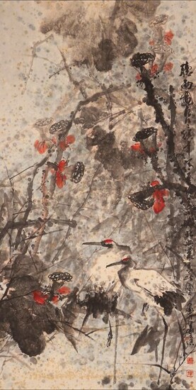 Hanging scroll - Paper, Wood - Very large and fine scroll"Pair of cranes in lotus pond", signed - Japan - ca 1930-40s (Early Showa period)