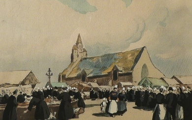Henri BARNOIN (1882/1940). Pardon de Notre-Dame de la Joie. Lithographie rehaussée gouache. sbg , 21...