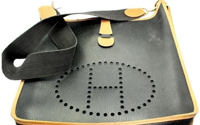 Hermes Evelyne Black + Brown Trim Leather GM Handbag