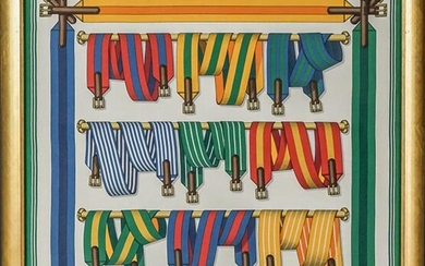 Hermès Polychrome Silk 'Les Sangles' Scarf, Signed J. Metz, Framed, 39 x 39 inches