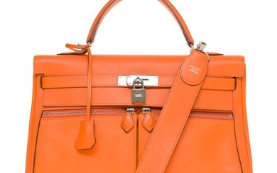 Hermès - Rarissime Kelly Lakis 35 cm en veau swift orange , garniture en métal argenté palladié, Crossbody bag