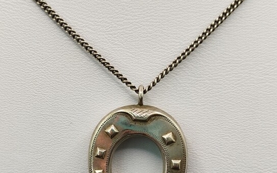 Horseshoe necklace, double sided horseshoe pendant on chain, 835 silver, length 58cm, total weight
