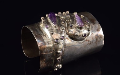 Hubert Harmon Mexican sterling silver large cuff bracelet. Raised modern design with amethyst