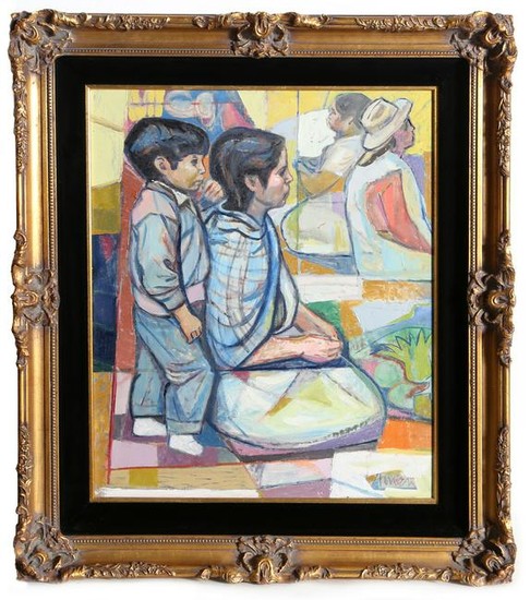 Irving Amen, Seated Mother and Son, Oil Painting