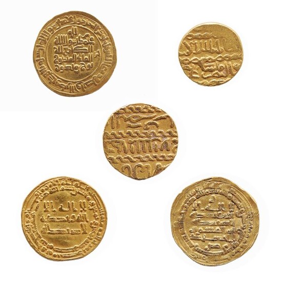 Islamic Empire (medieval) - Lot comprising 5 gold coins (2 x Ashrafi / 3 x Dirham) - Mamluk / Abbasid / Ghaznavid / Tulunid - 138h-384h - Gold