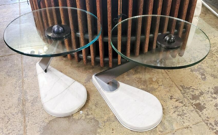 Italian 80s Glass And Marble and Glass Side Tables