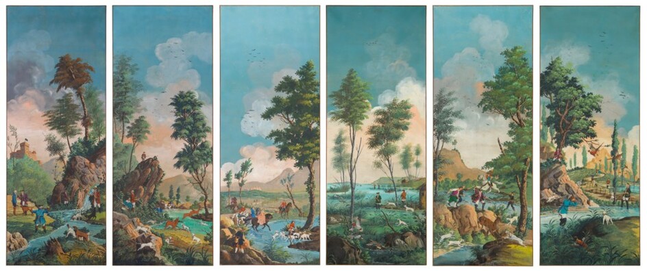 Italian School, 19th/early 20th Century, A set of six panels depicting hunting scenes by a river