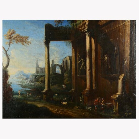 Italian School "Ruins with Figures" oil on canvas