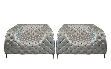Italian Tufted Metallic 80s Leather Sofa