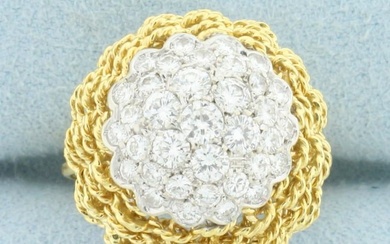 Italian Woven Design Diamond Bombe Ring in 18k Yellow Gold