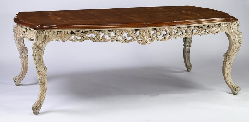 Italian burl walnut and marquetry inlaid dining table