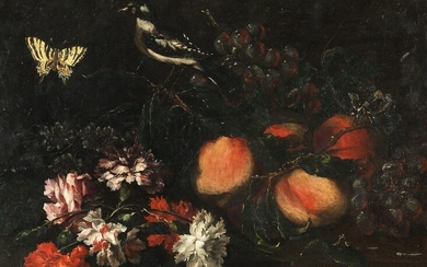 Italienischer Maler der 17. Jahrhunderts, Stillleben mit Früchten, Blumen und einem Stieglitz