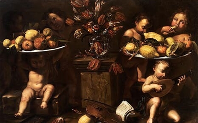 Italienischer Maler des 17. Jahrhunderts, STILLLEBEN MIT PUTTI UND FRÜCHTEN