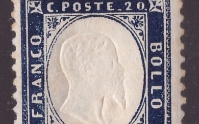 Italy Kingdom 1862 - 20 cents indigo with test perforation 11 1/2 on four sides - Sassone N. 2 varietà