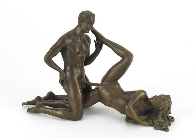 J Patoue, two erotic patinated bronzes of a nude male
