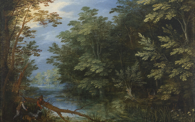 JAN BRUEGHEL I (BRUSSELS 1568-1625 ANTWERP) A wooded river landscape with hunters