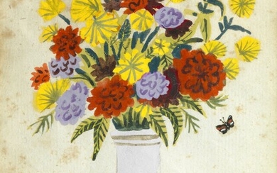 Jean HUGO (1894 - 1984) Vase de fleurs et papillon Gouache Carte de voeux dédicacée...