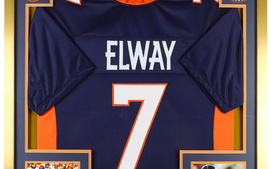 John Elway Signed Custom Framed Cut Display With Jersey & Official Super Bowl XXXIII & L Championship Pins (JSA)