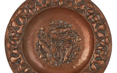 John Pearson (1859-1930), Arts and Crafts charger with birds and stylised foliage in relief, 1896, Copper, Verso incised 'J. Pearson 1896', and design number '2275', 38.5cm diameter